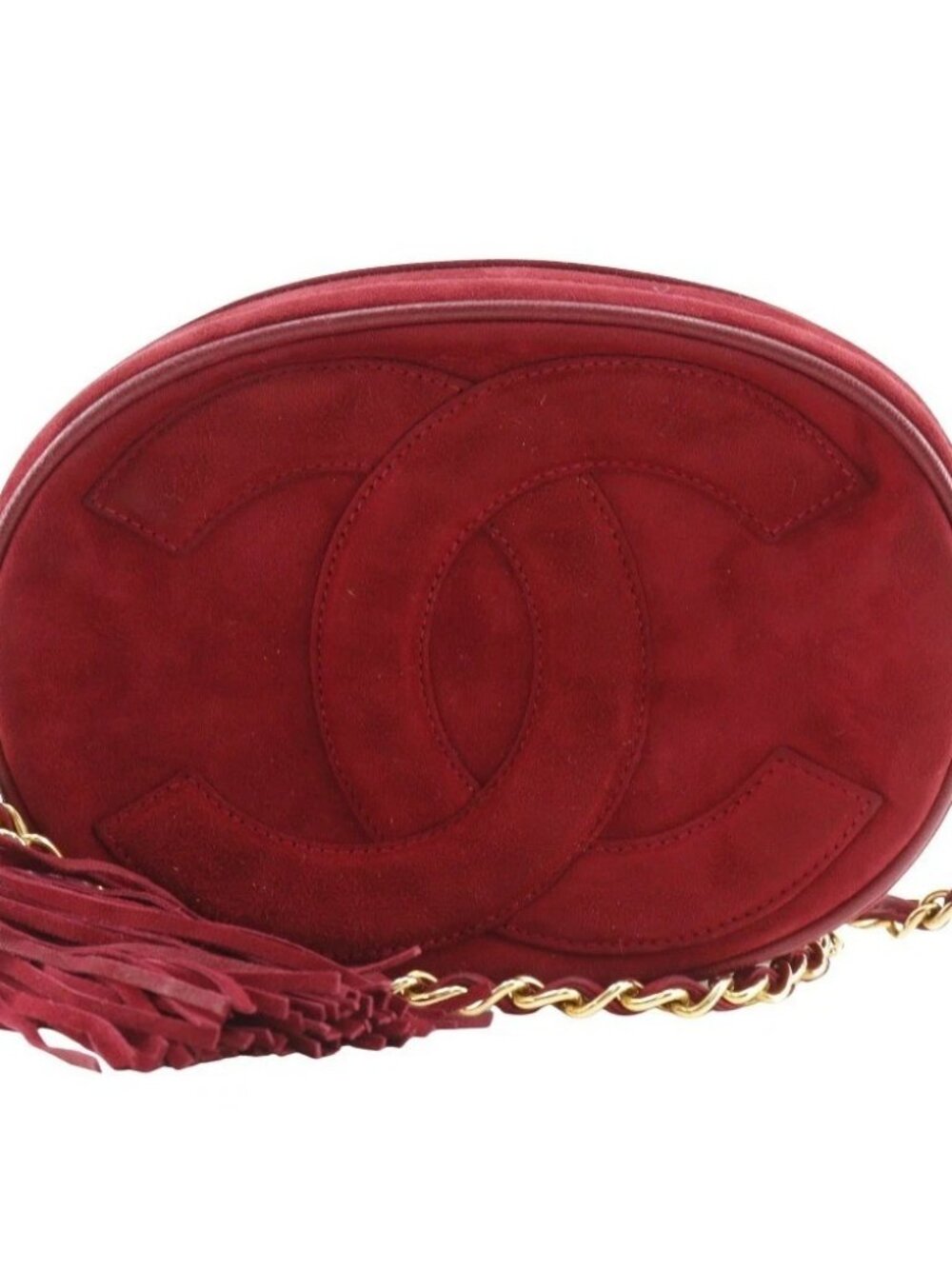 CHANEL COCO Mark Shoulder Bag Chain pochette vintage fringe Red Suede Women
